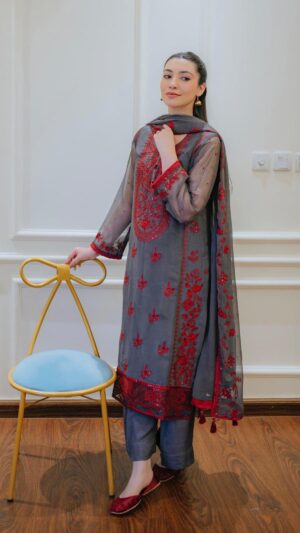 Charcoal Rose – 3-Piece Embroidered Organza Suit