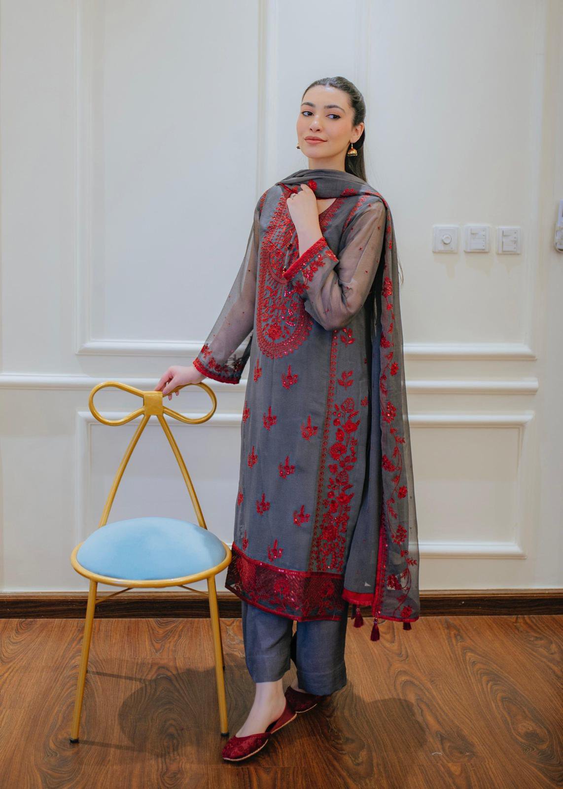 Charcoal Rose – 3-Piece Embroidered Organza Suit