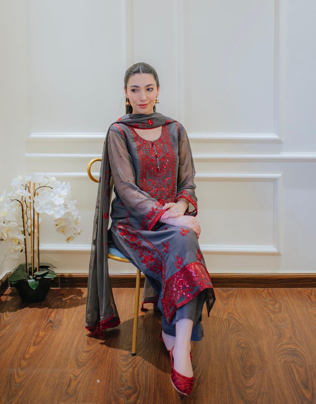 Charcoal Rose – 3-Piece Embroidered Organza Suit - Image 3