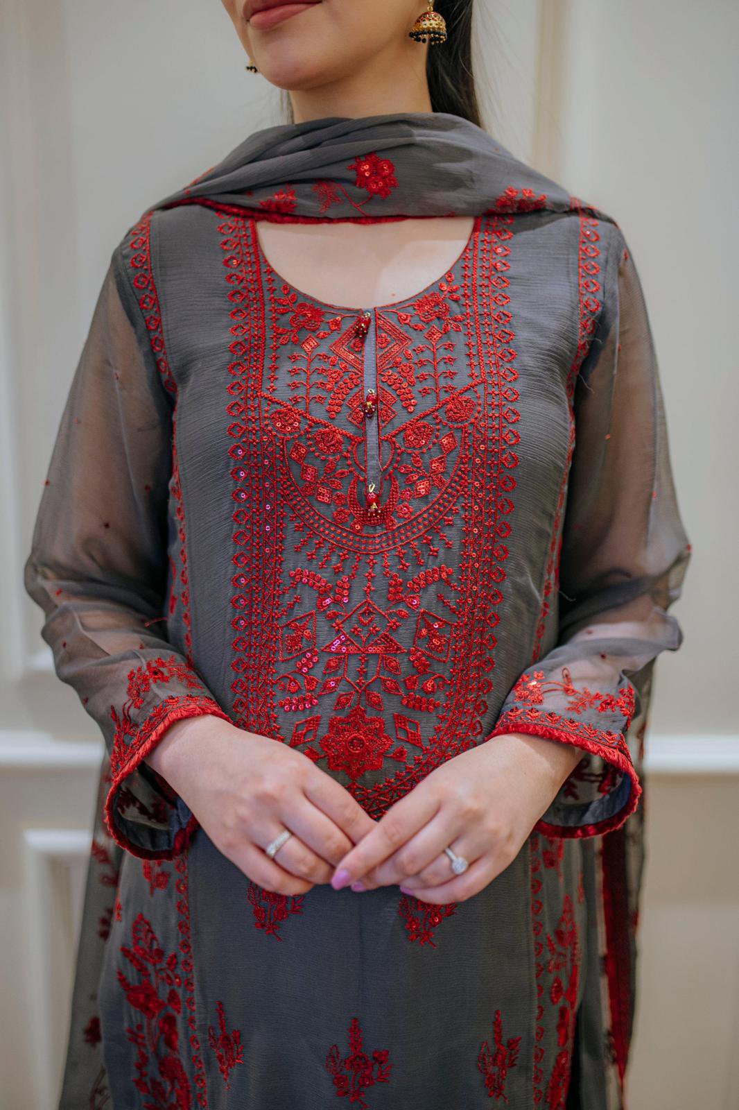 Charcoal Rose – 3-Piece Embroidered Organza Suit - Image 2