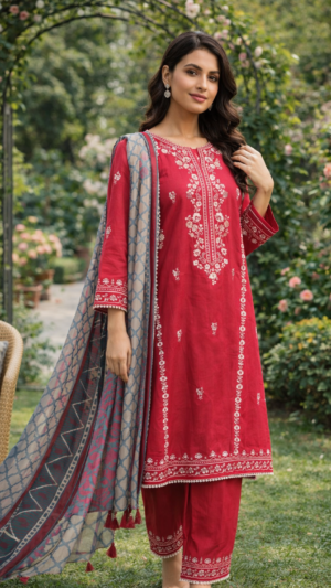 Agha Noor Embroidered Cambric 3-Piece – Magenta Pink