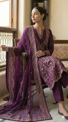 Royal Plum Sequinned Chiffon A-Line Gown Set – 3 Piece Formal Pakistani Suit - Image 2