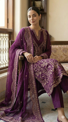 Royal Plum Sequinned Chiffon A-Line Gown Set – 3 Piece Formal Pakistani Suit - Image 4