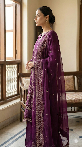 Royal Plum Sequinned Chiffon A-Line Gown Set – 3 Piece Formal Pakistani Suit - Image 5