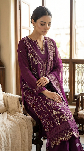 Royal Plum Sequinned Chiffon A-Line Gown Set – 3 Piece Formal Pakistani Suit - Image 3
