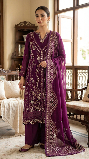 Royal Plum Sequinned Chiffon A-Line Gown Set – 3 Piece Formal Pakistani Suit