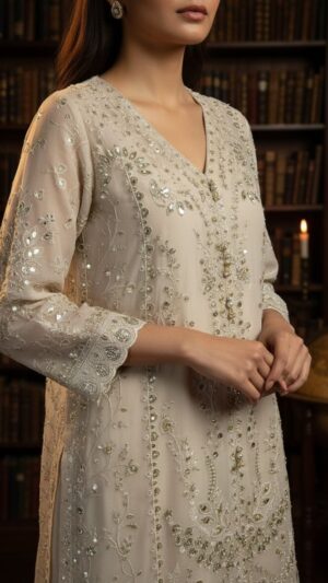 Champagne Gold Sequinned Chiffon A-Line Gown – 3 Piece Luxury Formal Set