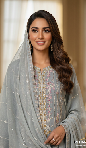 Agha Noor Hand-Embellished Chiffon 3-Piece – Emerald Teal