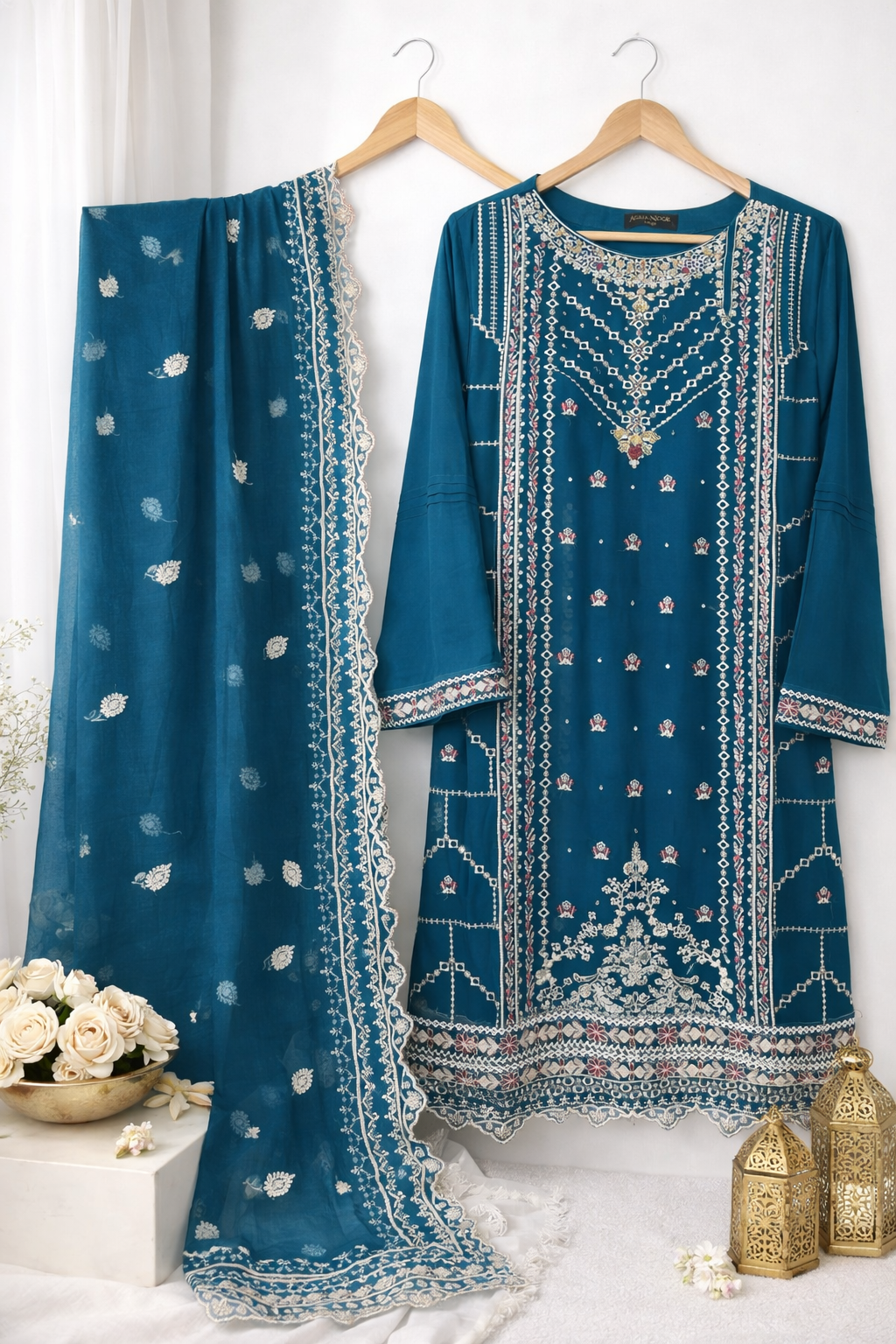 Agha Noor Hand-Embellished Embroidered Chiffon 2-Piece – Teal