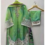 Mint Blossom | 3-Piece Embroidered Premium Slub Cambric Suit