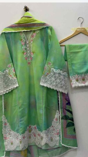 Mint Blossom | 3-Piece Embroidered Premium Slub Cambric Suit