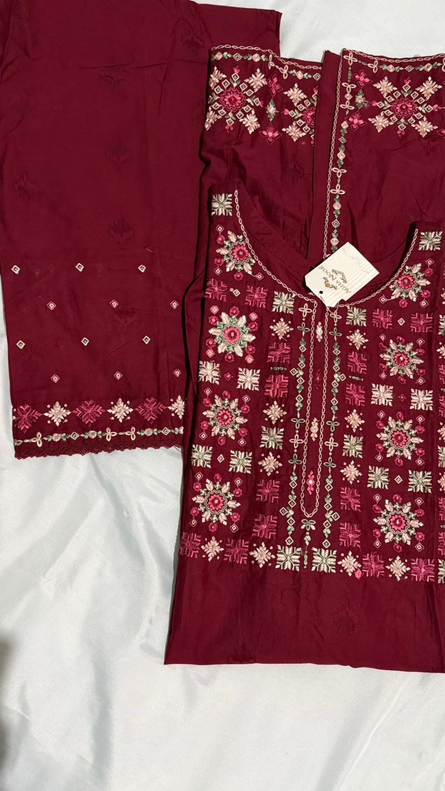 Agha Noor Crimson Bloom Embroidered 2PC Suit – Maroon Elegance