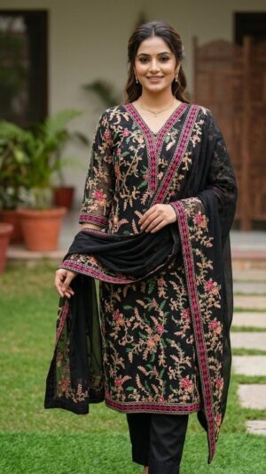 Zarmina Noir Embroidered Chiffon – 3 Piece Set