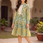Teal and Yellow Floral Printed Cotton Short Dress