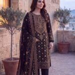 Black and Gold Premium Embroidered Chiffon 3-Piece Suit