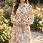 White Floral Printed Premium Net Long Dress