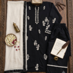 Black Embroidered Cotton Suit with Contrasting Dupatta