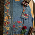 Slate Blue Embroidered Cotton Suit with Floral Printed Dupatta
