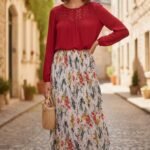 Red Lace-Detailed Shirt & Floral Pleated Skirt