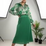 Green Printed Silky Viscose Shirt & Pleated Skirt
