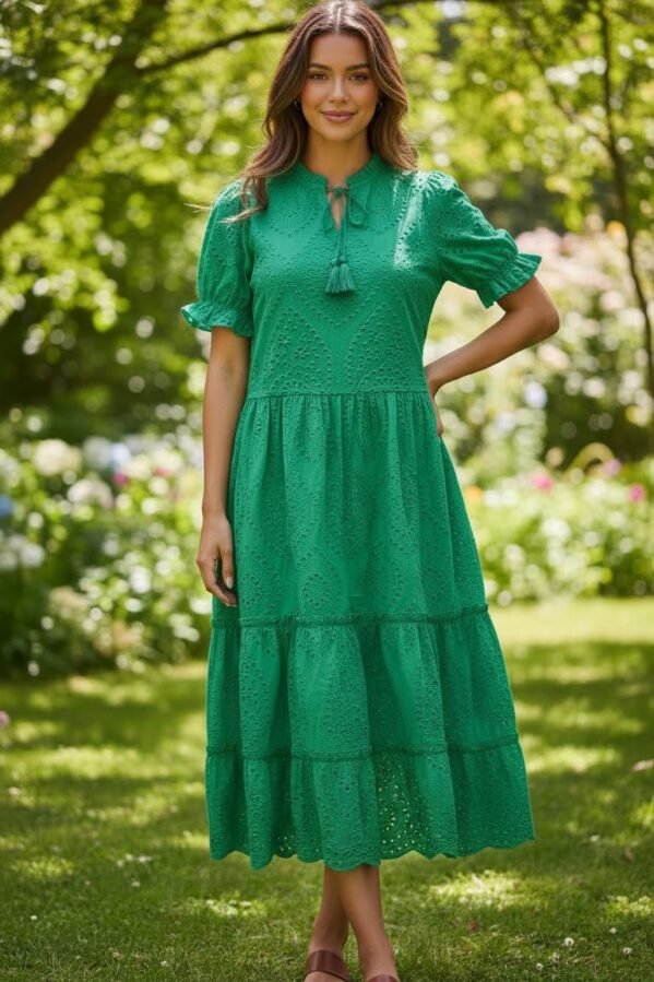 Green Schiffli Embroidered Cotton Maxi Dress