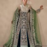White & Green Embellished Net Shirt with Lehenga & Organza Dupatta – Unstitched