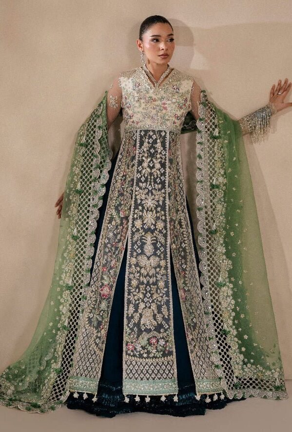 White & Green Embellished Net Shirt with Lehenga & Organza Dupatta – Unstitched